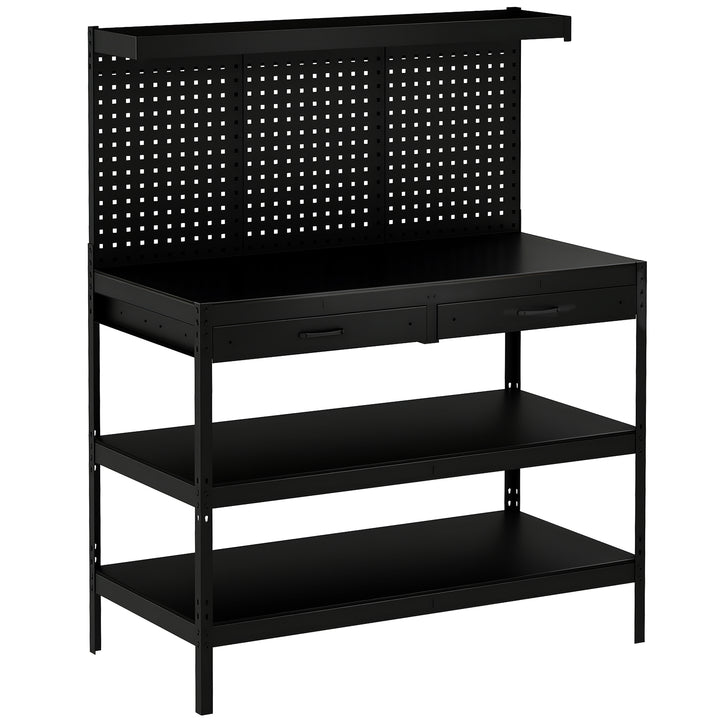 Arbejdsbord med justerbare hylder, robust arbejdsstation med hulbræt og 2 skuffer, 122 x 61 x 156 cm, sort