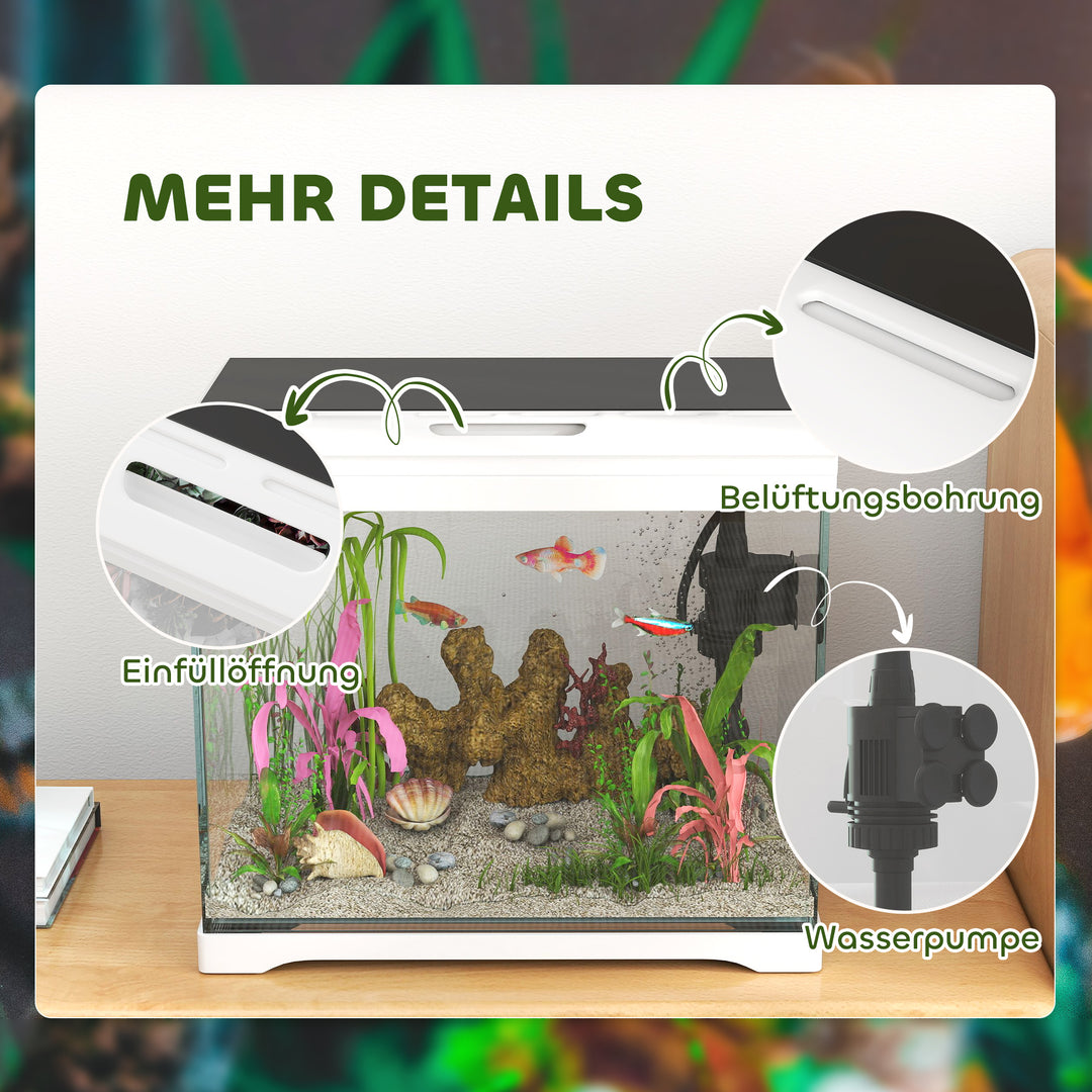 Akvarium, 17 l tropisk fisketank, nem vedligeholdelse, frit udsyn, med led-lys, 35l x 21b x 31h cm, hvid+sort