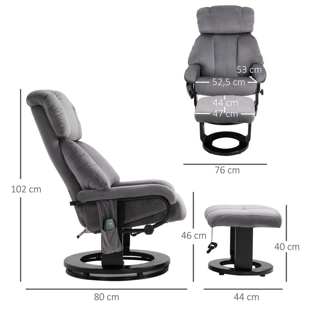 Lænestol med fodskammel, drejelig TV-lænestol med vibrationsmassage, lænefunktion, massagestol med sidelomme, fløjlslook loungestol til stuen, grå