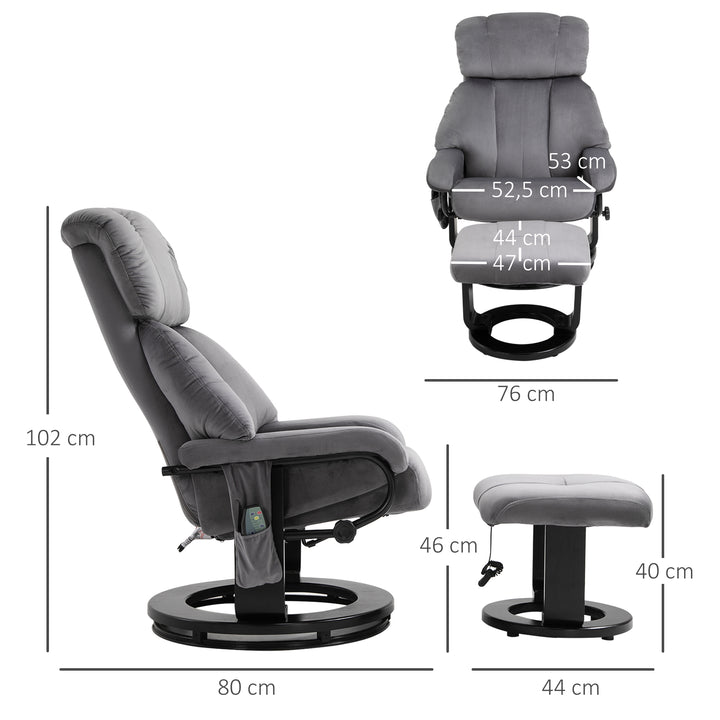 Lænestol med fodskammel, drejelig TV-lænestol med vibrationsmassage, lænefunktion, massagestol med sidelomme, fløjlslook loungestol til stuen, grå