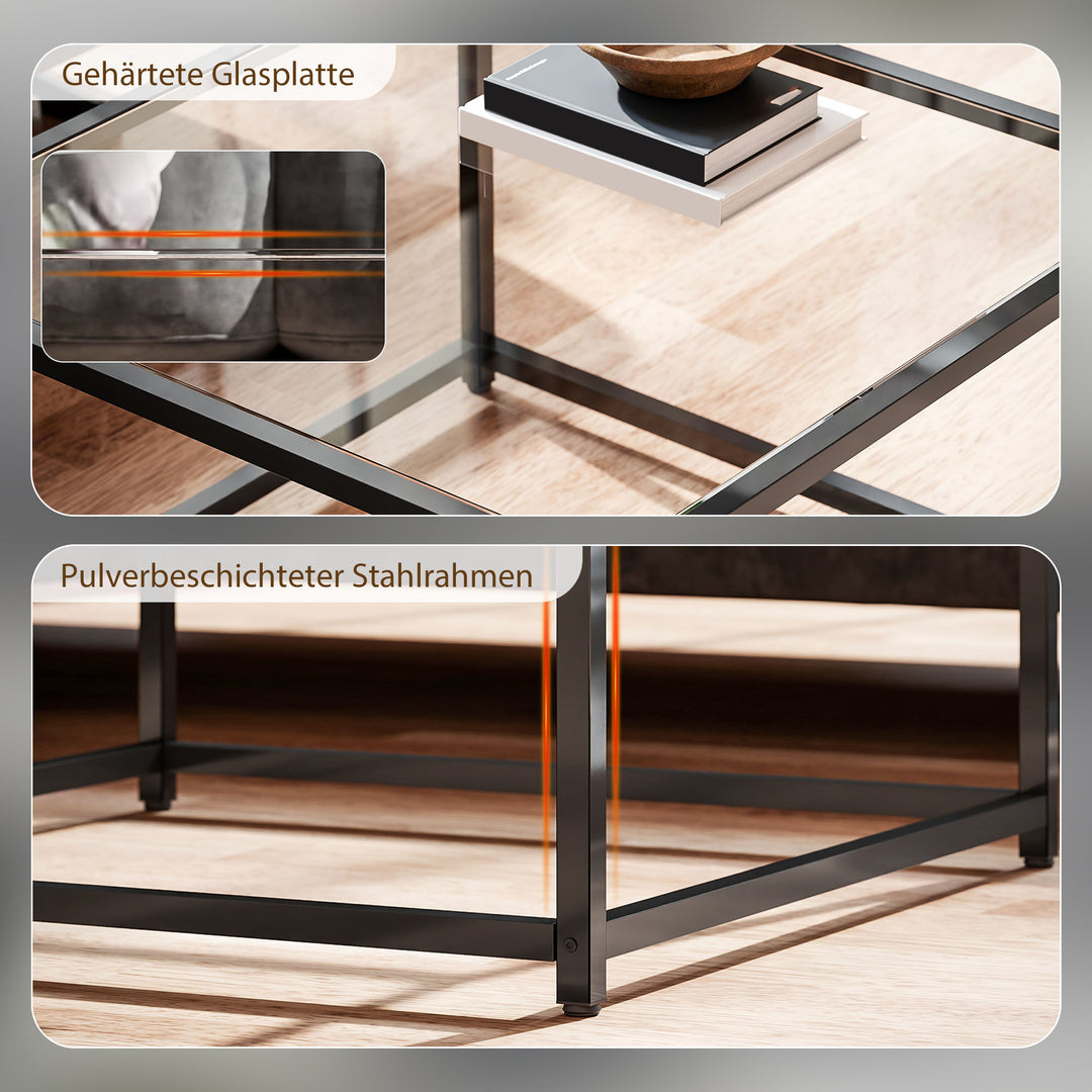Firkantet sidebord/natbord med bordplade i hærdet glas, sofabord med stålben, 68 x 68 x 39 cm, sort