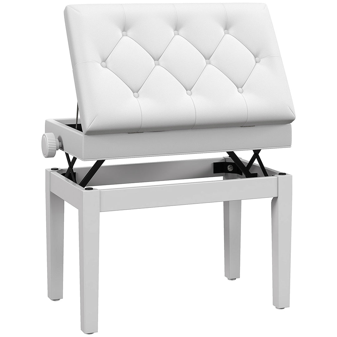 Klaverbænk, højdejusterbar, med opbevaringsplads, træben, kunstlæderbetræk, 54,5 x 33 x 48-58 cm, hvid