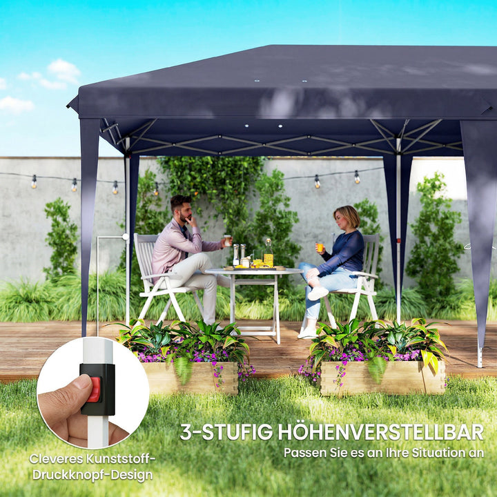 Foldbar pavillon 6 x 3 m, aftagelige sidepaneler, store vinduer, lynlåsdøre, stålramme, blå