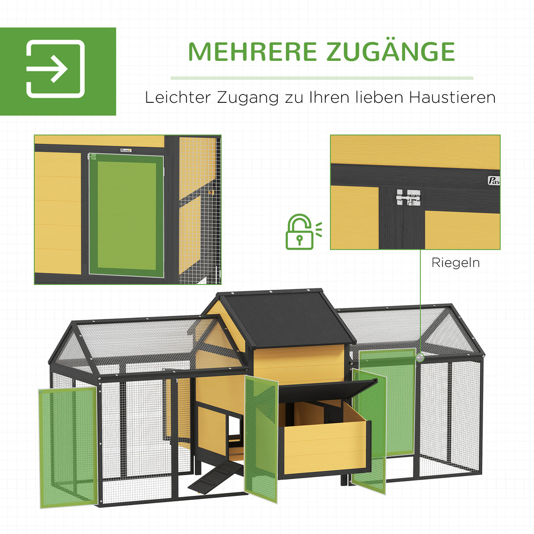 Hønsehus til smådyr 2 udendørs indhegninger, 1 redekasse, 2 ramper, asfalttag, vejrbestandig, gul