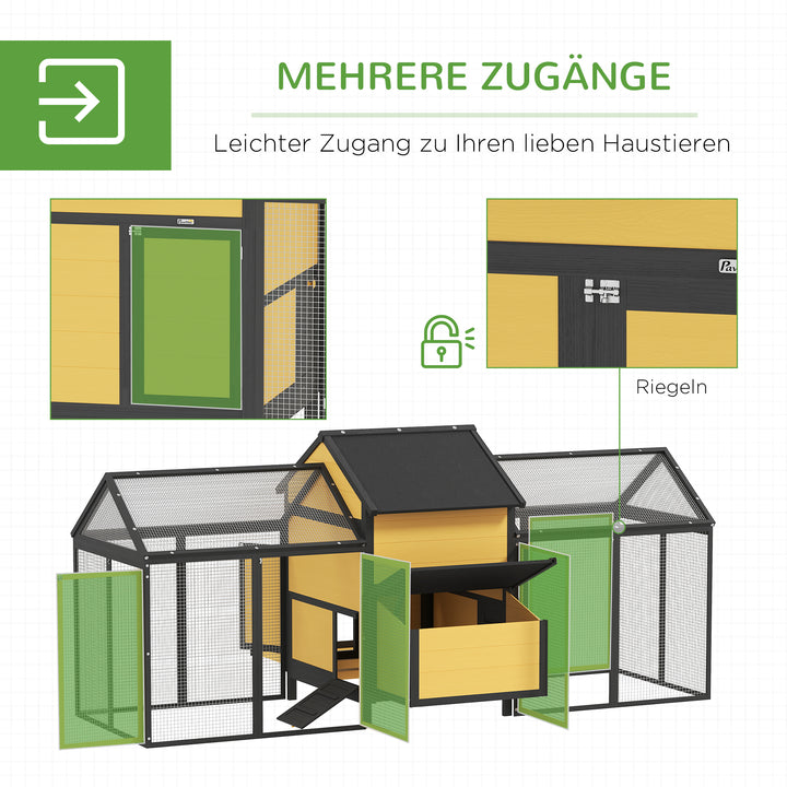 Hønsehus til smådyr 2 udendørs indhegninger, 1 redekasse, 2 ramper, asfalttag, vejrbestandig, gul