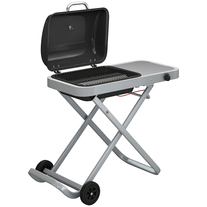 Bærbar gasgrill, 1 brænder, 2,5 kW, grillvogn med foldbar vogn, grillrist, sidebord, låg, termometer