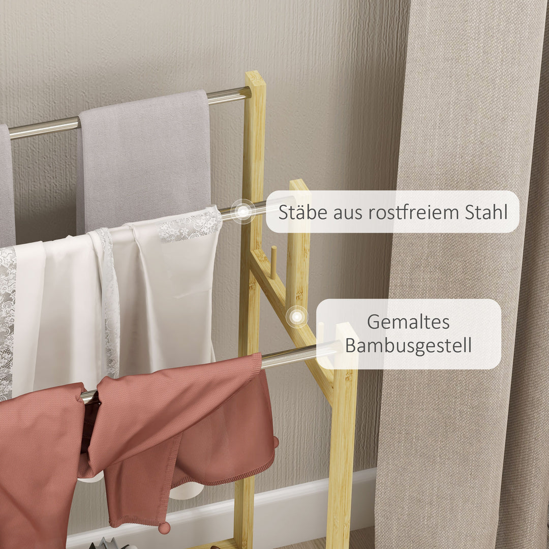 Fritstående håndklædetørrer med 3 stænger, bambus/rustfrit stål, 50,5 x 31 x 90 cm