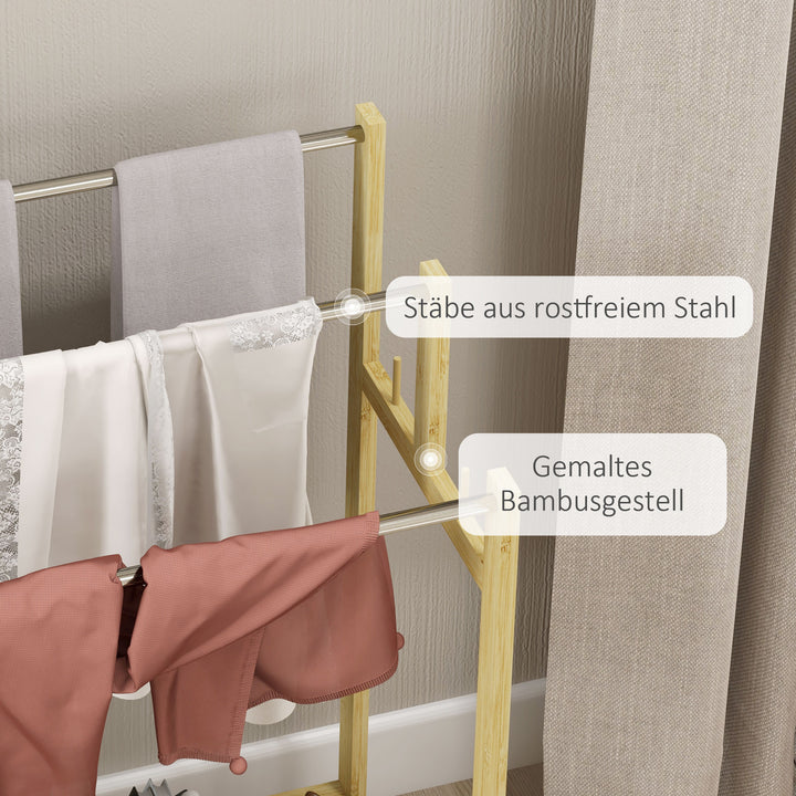 Fritstående håndklædetørrer med 3 stænger, bambus/rustfrit stål, 50,5 x 31 x 90 cm