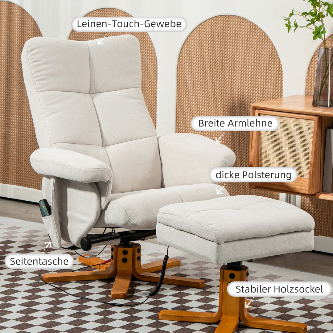 Massagestol med lænefunktion og fodskammel, 145° vipning, polyester, 80 x 86 x 99 cm, cremehvid