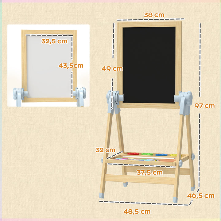 Børnestaffeli i træ, dobbeltsidet whiteboard og kridttavle, højdejusterbar stående kridttavle med papirrulle, hylde, naturfarvet