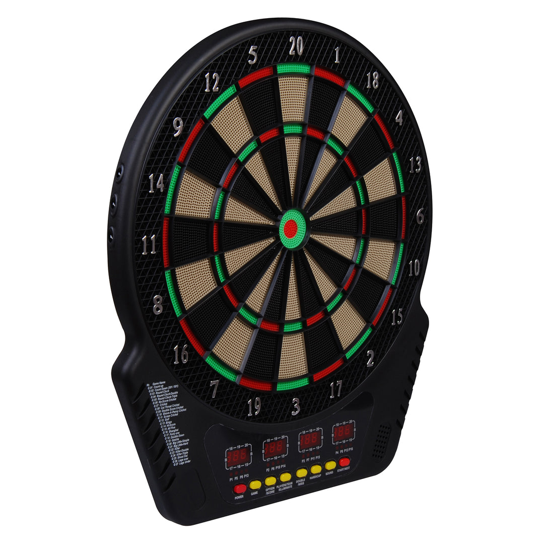 Elektronisk dartskivesæt med LED-display, automatisk scoring, lydeffekter, 6 pile, 24 pilhoveder, 27 spil og 243 scoringsmuligheder til 16 spillere, 44 x 51,5 x 3,2 cm