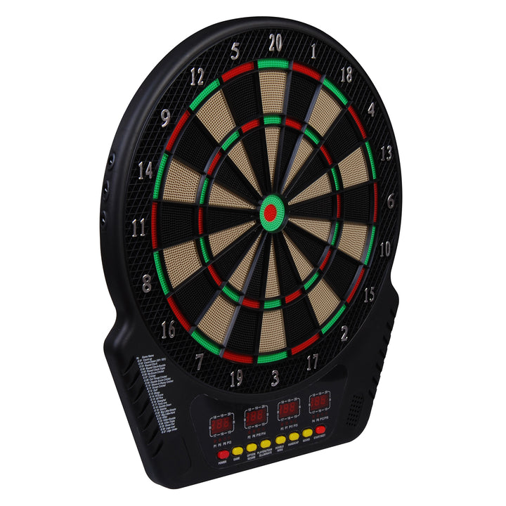 Elektronisk dartskivesæt med LED-display, automatisk scoring, lydeffekter, 6 pile, 24 pilhoveder, 27 spil og 243 scoringsmuligheder til 16 spillere, 44 x 51,5 x 3,2 cm