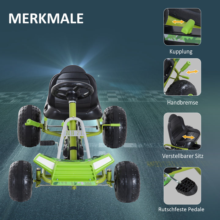 Børne gokart pedalbil med justerbart sæde og håndbremse, grøn, 95 x 66,5 x 57 cm