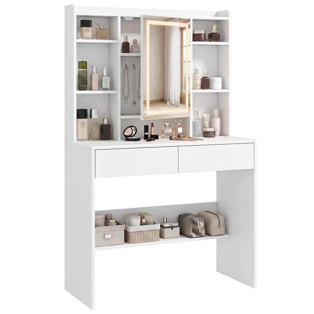 Toiletbord med spejlskab, LED-belysning, 2 skuffer, hvid