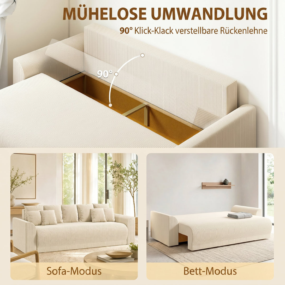Sovesofa 190x150cm 3-personers sofa med sovefunktion, hynder, opbevaringsplads, corduroy-look til stuen, beige