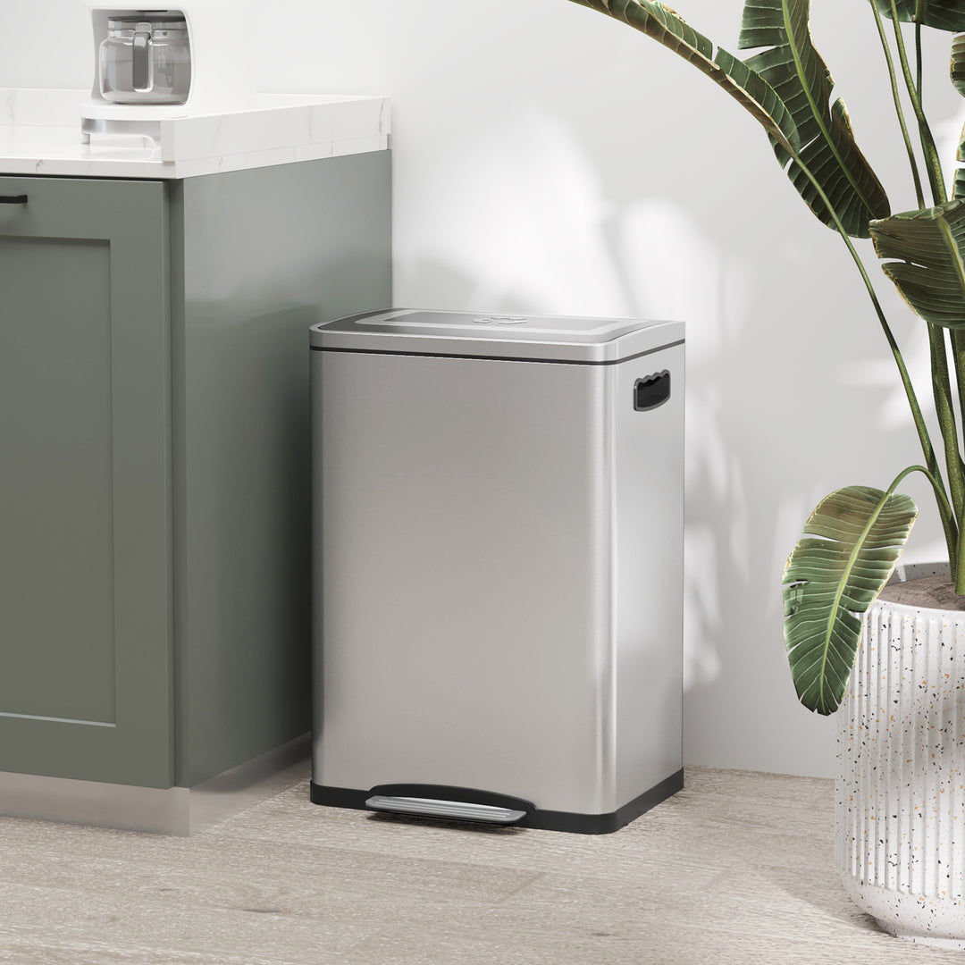 Skraldespand med låg og fodpedal, rustfrit stål, 2x 20 liters rum, sølv