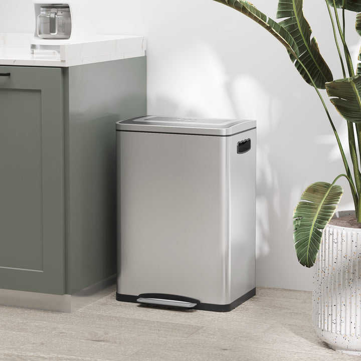 Skraldespand med låg og fodpedal, rustfrit stål, 2x 20 liters rum, sølv