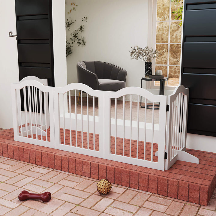 Hundegitter, 5 paneler, foldbar, fleksibel, massivt træ/mdf, 254,5 x 29,5 x 61 cm, hvid