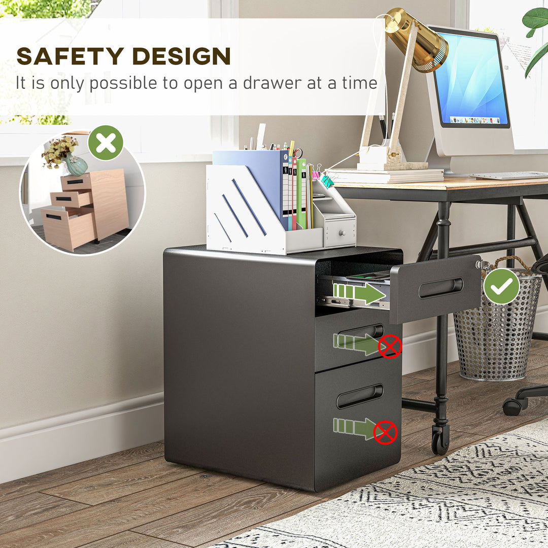 Mobilt arkivskab med 3 skuffer, aflåseligt kontorskab med hængemapper, opbevaring, stål, 39 x 48 x 59 cm, sort