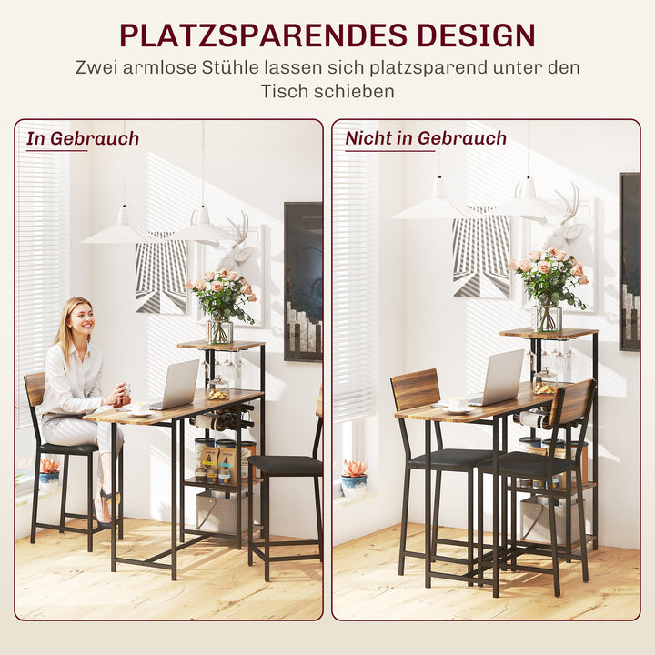 3-Delt barbordssæt, 1 barbord, 2 stole, med vinreol, glasholder, åbne hylder, fodstøtter, brun