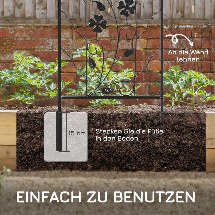 Sæt med 2 metalespalierer med fugle- og kløverdekoration til have og terrasse, sort, 38 x 98 cm