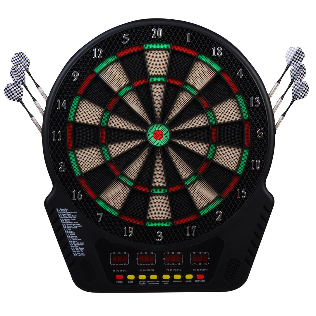 Elektronisk dartskivesæt med LED-display, automatisk scoring, lydeffekter, 6 pile, 24 pilhoveder, 27 spil og 243 scoringsmuligheder til 16 spillere, 44 x 51,5 x 3,2 cm