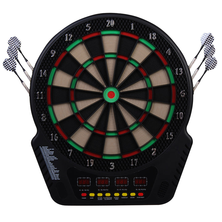 Elektronisk dartskivesæt med LED-display, automatisk scoring, lydeffekter, 6 pile, 24 pilhoveder, 27 spil og 243 scoringsmuligheder til 16 spillere, 44 x 51,5 x 3,2 cm