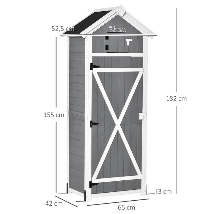 Træskur, vejrbestandigt redskabsskur 78x52,5x182cm, redskabsskur med dør, gavltag, redskabsskab med kroge, foldbart bord, redskabsskab haveskur til have, terrasse, grå