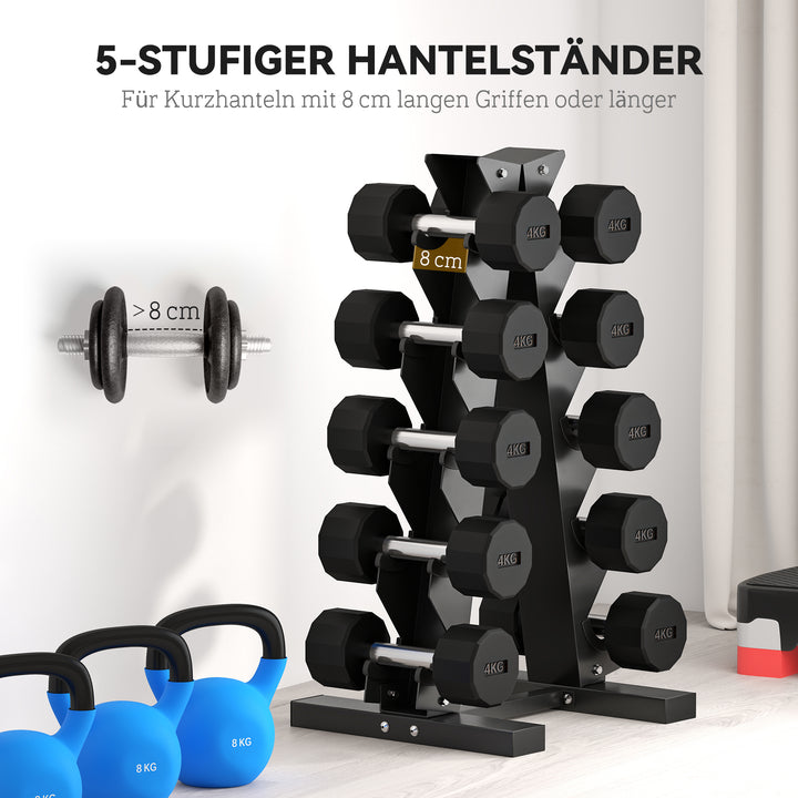 Håndvægtstativ til 10 håndvægte, 5 niveauer, robust stålramme, op til 100 kg, sort, 66 x 35 x 33 cm
