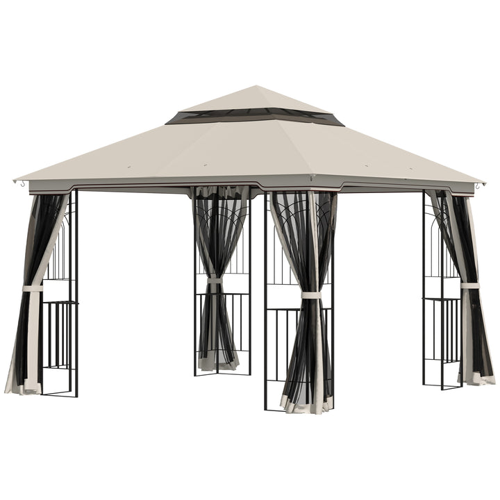 Havepavillon med dobbelttag, pavillon, havetelt, partytelt med 4 sidevægge, metal+polyester, beige, 2,99 x 2,99 x 2,74 m