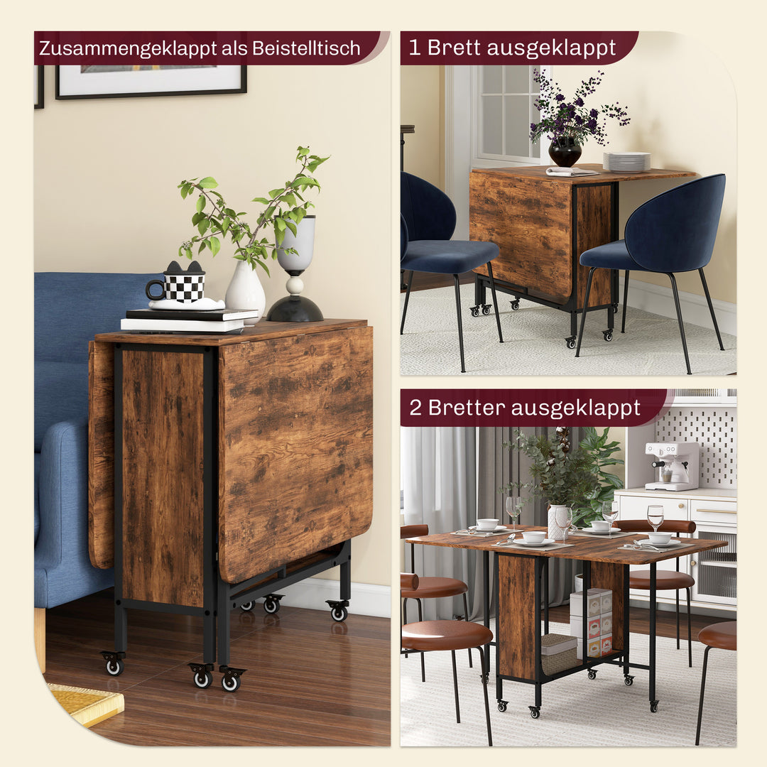 Foldbart spisebord, mobilt foldebord til 6 personer, med hylde, lasteevne op til 50 kg, 130 x 80 x 74 cm, rødbrun