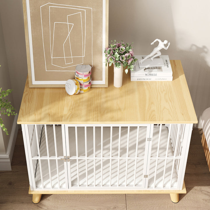 Hundebur med låsbar dør, aftagelig hynde, god ventilation, stål, 86x60x70 cm, hvid+grå