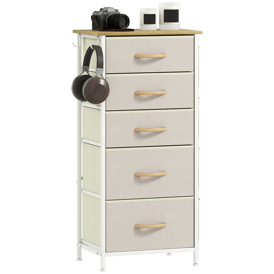 Kommode med 5 skuffer i fiberdug med kroge, beige