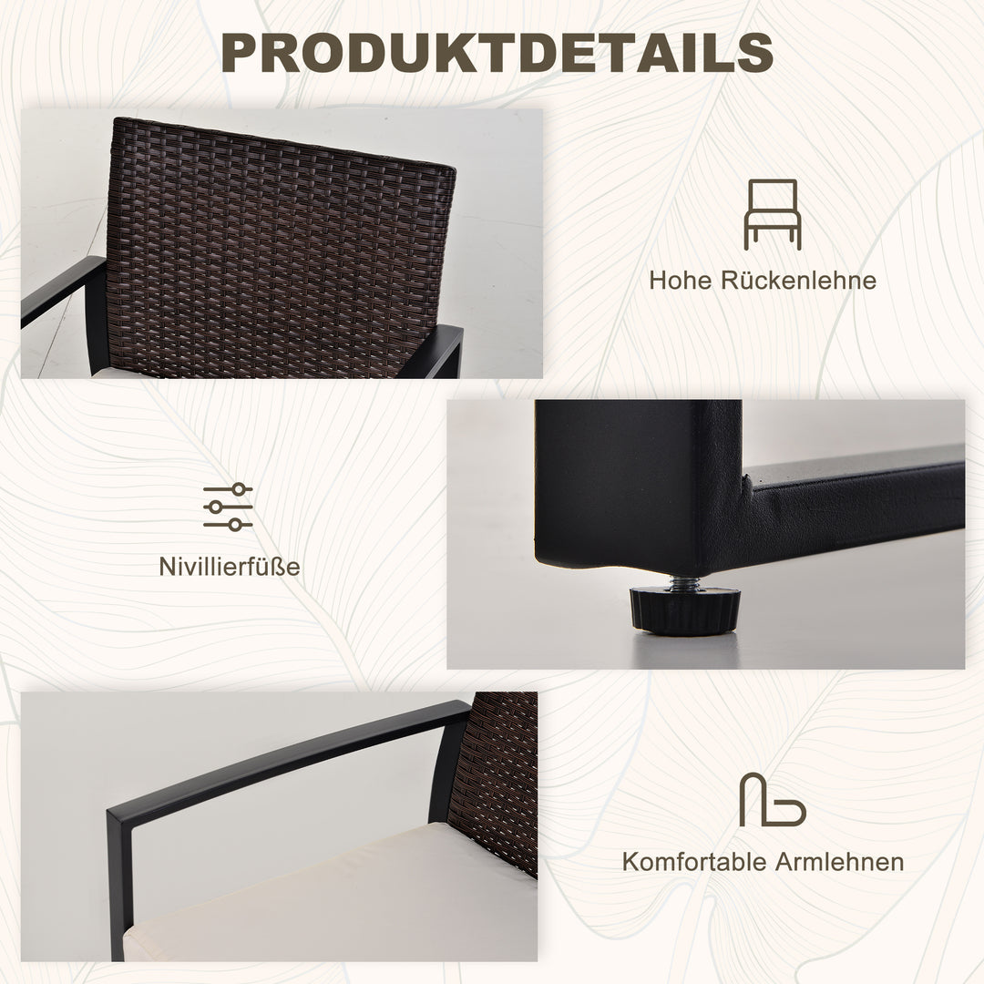 Havemøbelsæt i polyrattan til 2 personer med balkonmøbler og hynder, brun+creme