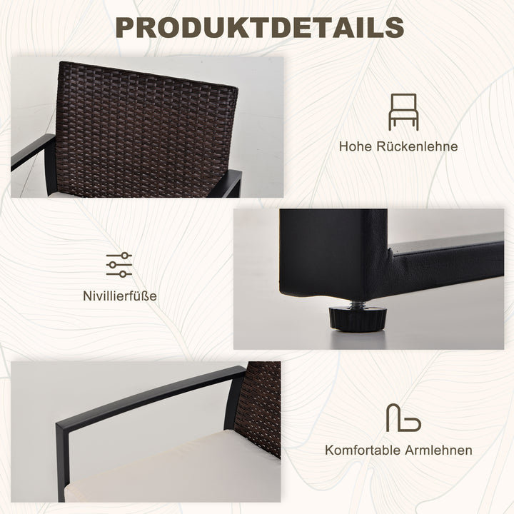 Havemøbelsæt i polyrattan til 2 personer med balkonmøbler og hynder, brun+creme