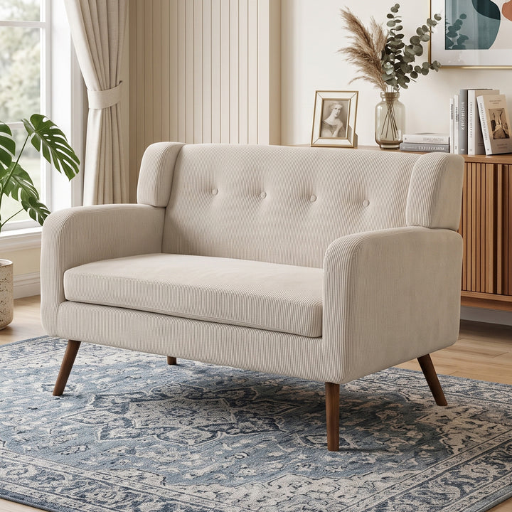 2-personers sofa, 118 cm, lille sofa med fløjlslook, beige