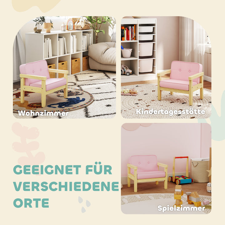 Børnelænestol/sofa med fløjlslook, ben i massivt træ, skumhynde, børnestol til børneværelse/legerum, 46,5 x 44 x 45 cm, til børn 3-8 år, pink