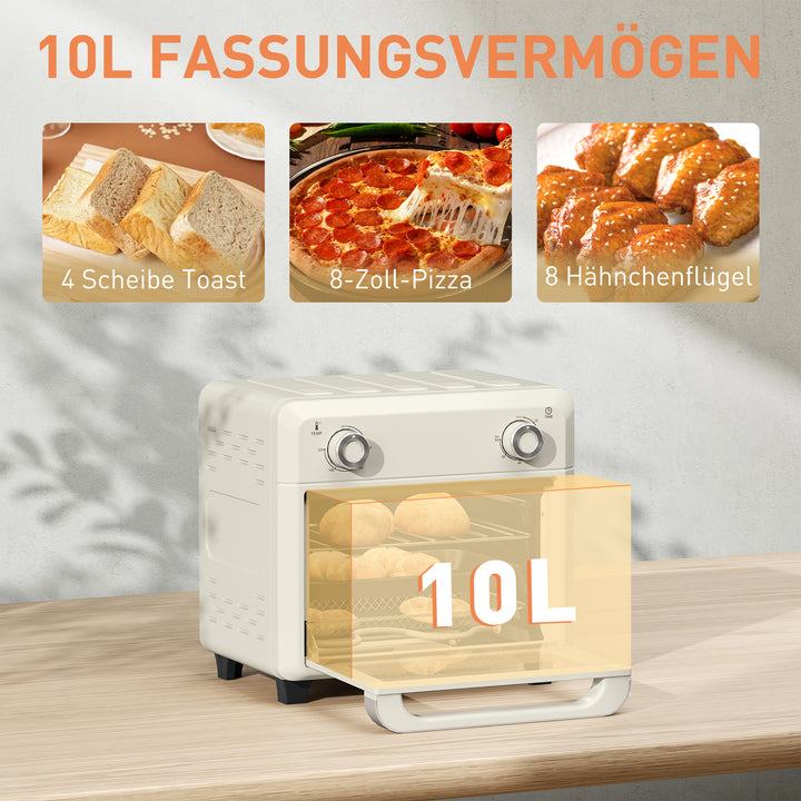 10L varmluftovn til grill, bagning og stegning, timer, 1000W, tåler opvaskemaskine, cremehvid