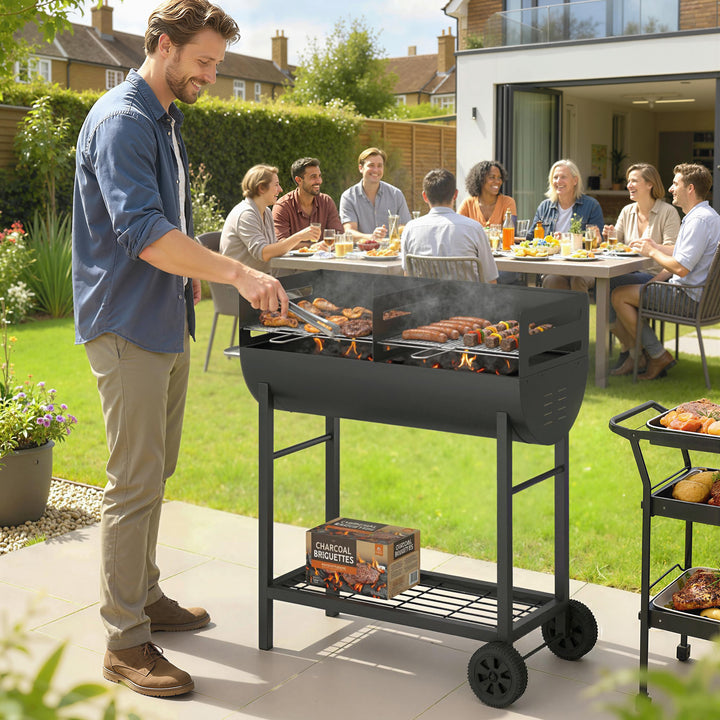 Kulgrillvogn med 2 grillzoner, højdejusterbar grillrist, træhylde, hjul, sidehåndtag, 103 x 46,5 x 100 cm