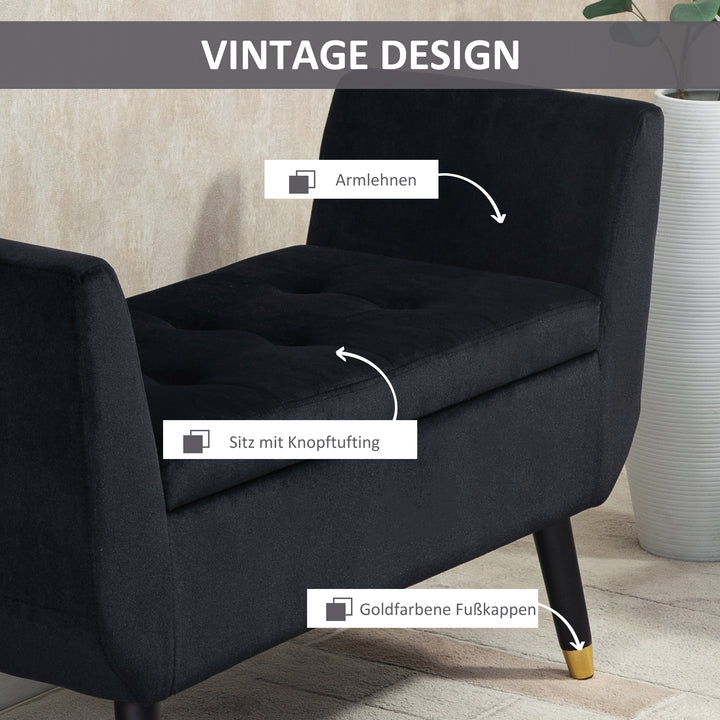 Polstret bænk med armlæn og opbevaring – fløjlslook, kommodebænk med træben til stue, entre eller soveværelse – 107 x 42 x 65 cm, sort