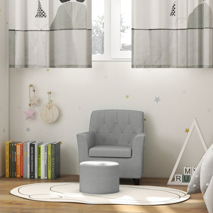 Børnelænestol med skammel, diamantmønsteret ryglæn, blødt sæde, træstel, grå