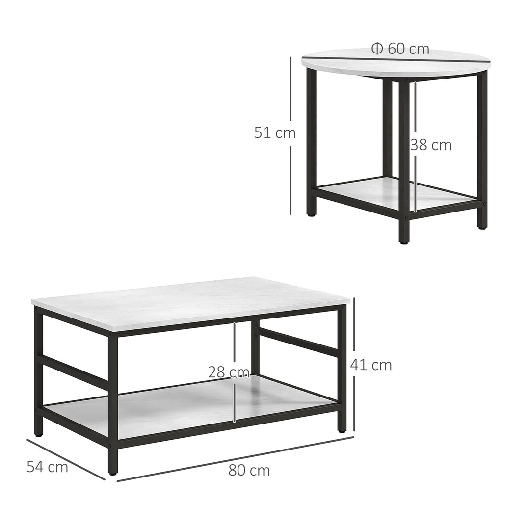 Sofabordsæt, 2 sideborde, marmorlook, justerbare fødder, stål, sort/hvid