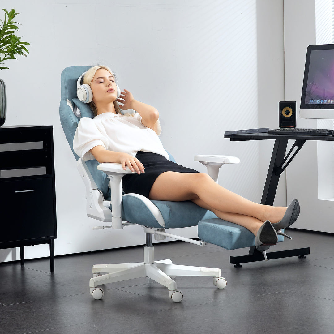 Gamingstol, justerbare armlæn og ryglæn, imiteret læderbetræk, op til 120 kg, blå