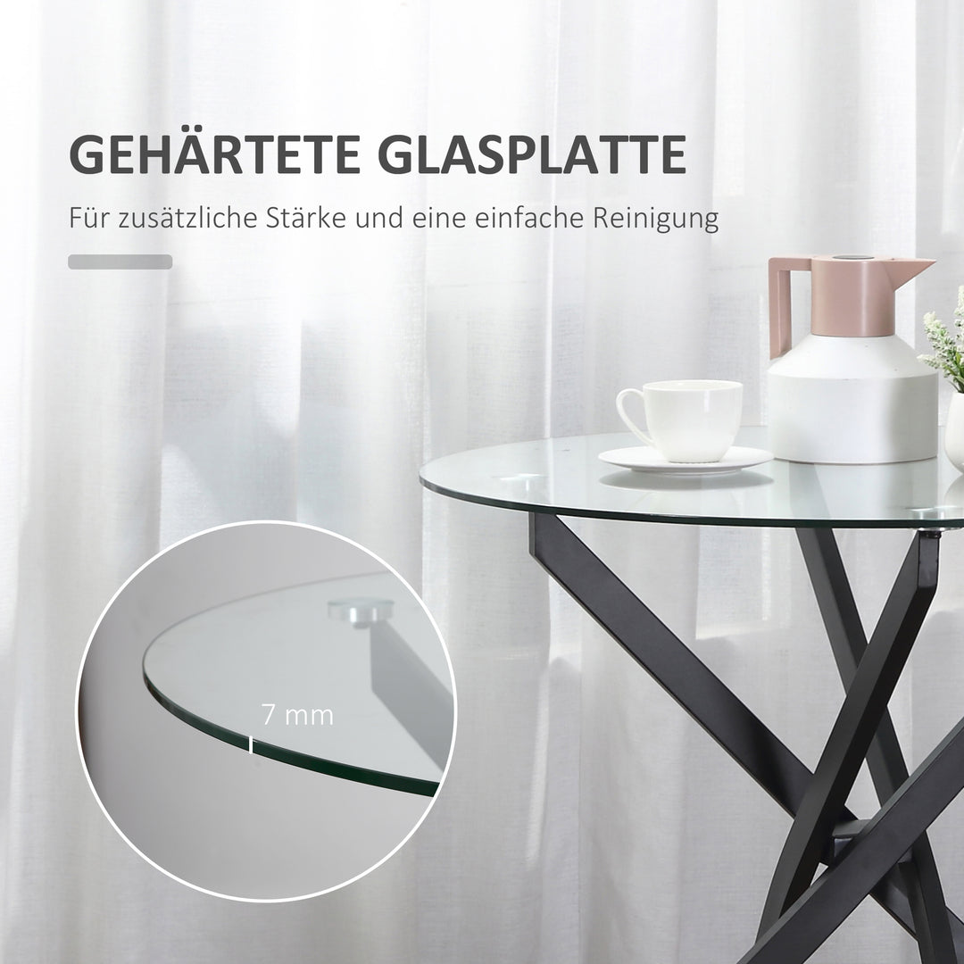 Moderne glas spisebord, 80 cm diameter, køkkenbord med hærdet glasplade og metalben, til 4 personer