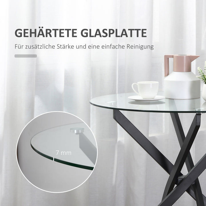 Moderne glas spisebord, 80 cm diameter, køkkenbord med hærdet glasplade og metalben, til 4 personer