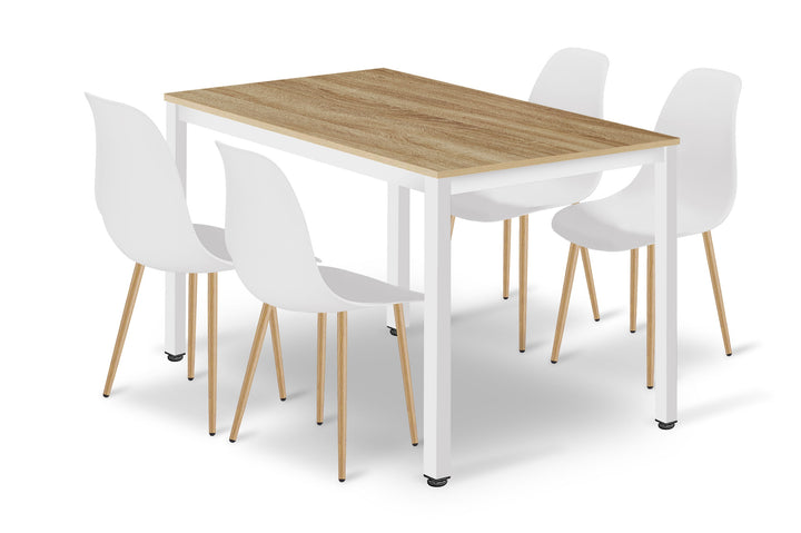 TESSA bordsæt 120 cm x 60 cm - eg / hvide ben + 4 WAT hvide stole / naturlige ben