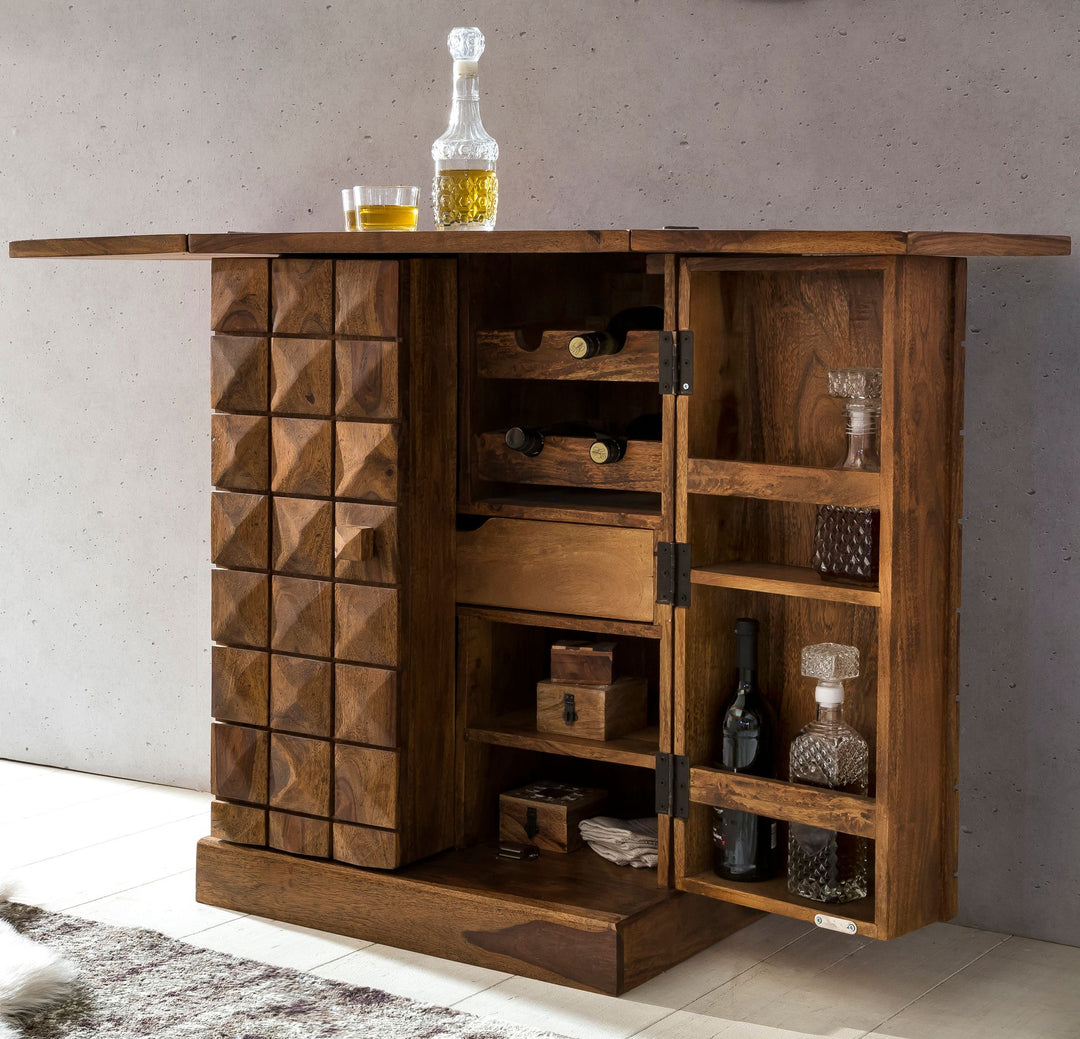 Kommode massivt træ 65x91x50 cm vinbar foldbar, lille bar moderne, barskab med døre, med opbevaringsplads til flasker og glas
