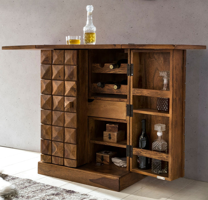 Kommode massivt træ 65x91x50 cm vinbar foldbar, lille bar moderne, barskab med døre, med opbevaringsplads til flasker og glas