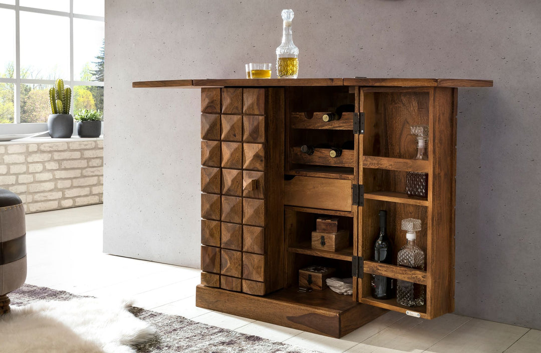 Kommode massivt træ 65x91x50 cm vinbar foldbar, lille bar moderne, barskab med døre, med opbevaringsplads til flasker og glas