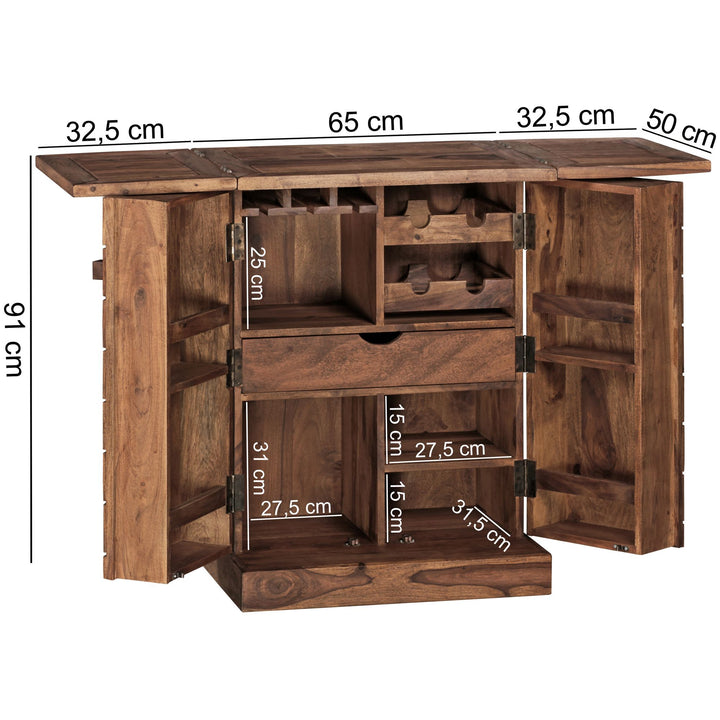 Kommode massivt træ 65x91x50 cm vinbar foldbar, lille bar moderne, barskab med døre, med opbevaringsplads til flasker og glas